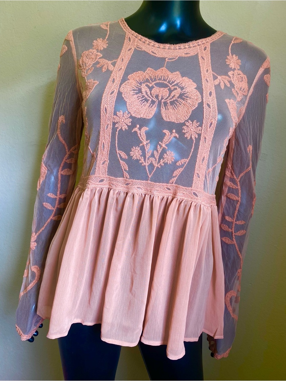 Peach Sheer Floral Mesh Crochet Lace Trim Top